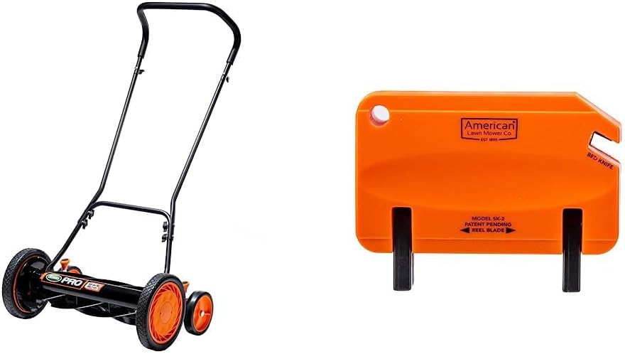 Scotts 18-Inch 7-Blade Push Manual Reel Lawn Mower & American Lawn Mower Co. SK-2 Reel Lawn Mower Hand Sharpener for Great States, American Lawn Mower, Scotts, and Earthwise Reel Mowers, Orange