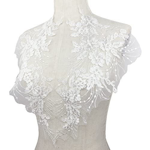 Flower Embroidery Sequin Lace Appliques Trim Floral Embroidered Sew on Patches for Wedding Bridal Dress Party Gown Bodice Craft DIY, 1 Pairs (White) - Thumbnail 3