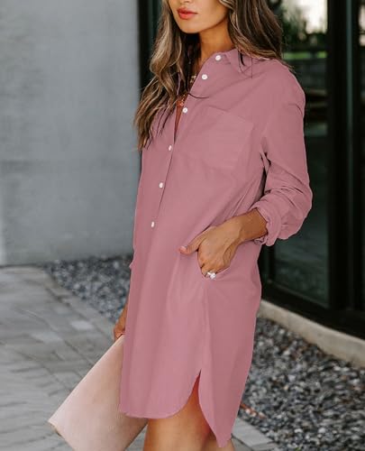 Image of Aoudery Womens Button Down Shirt Dresses with Pockets Cotton Button Up Tunics Long Sleeve Solid High Low Blouse Tops