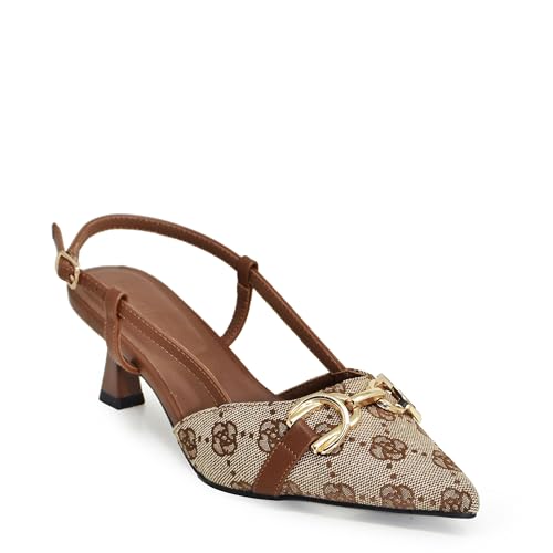 Wild Diva ALEENA-31 Gold Accent Floral Slingback Pointy Toe Kitten Heel Pump Heels