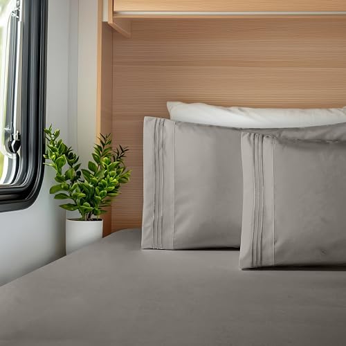 Image of Elegant Comfort Luxurious 1500 Premium Hotel Quality Microfiber Three Line Embroidered Softest 4-Piece Bed Sheet Set, Wrinkle and Fade Resistant, RV Short Queen, Gray