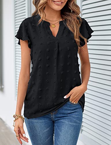 Merokeety Women Summer V Neck Ruffle Short Sleeve Blouse Swiss Dot Flowy Shirt Tunic Top Black Large #TOP2
