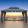 Raysfung Hardtop Gazebo 12' x 16', Patio Gazebos with Polycarbonate Roof & Steel Frame, Outdoor Pavilion with Gray Curtain&Netting for Backyard,Lawn,Deck