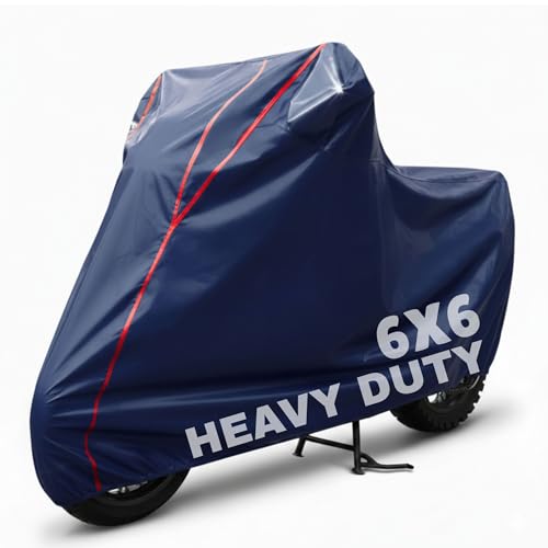 Image of 6X6 Heavy Duty Bike Cover for HF Deluxe, Dual Tone Blue & Red Piping, All-Weather Protection, Waterproof, UV Resistant, Dustproof, Durable Outdoor Motorcycle Body Covers for Daily Use
