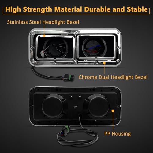 Image of Grandroad auto Headlight Housing Base with Chrome Dual Headlight Bezel Fit For Kenworth T400 T600 T800 W900 K100 C500, Peterbilt 378 379, Western Star 4900, Freightliner FLD Classic XL