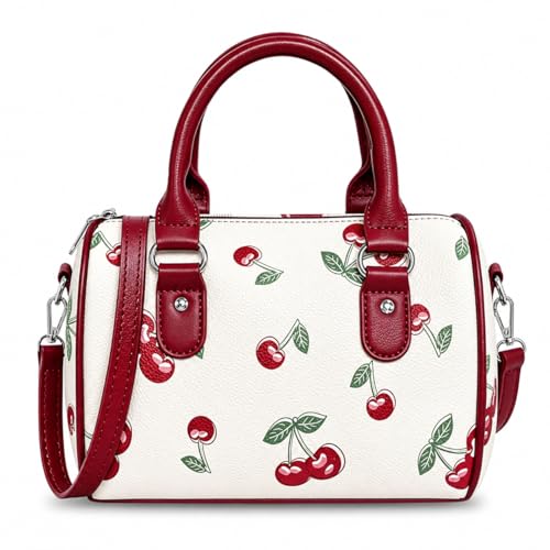 Modacarry Girly Fruit Prints Crossbody Bag Cute Cherry Strawberry Blackberry Top Handle Boston Bag for Women Girls (CHERRY)