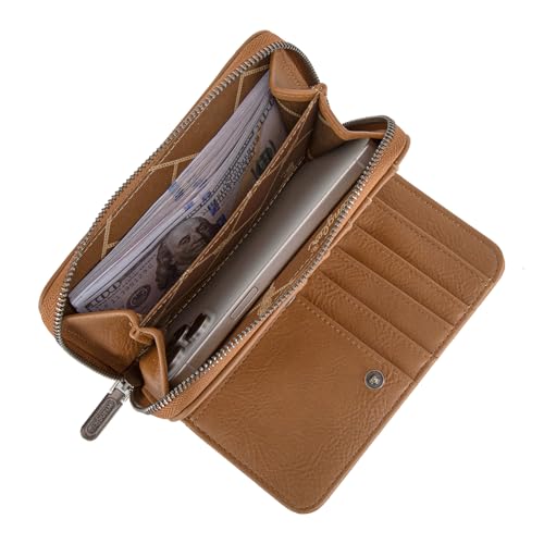 Image of Montana West Wrangler Women's Wallets Wristlet Bifold Rfid Blocking Wallets Large Capacity Brown Wallet for Ladies Female Woman Credit Card Wallet with Zipper Pocket and and Wrist Strap