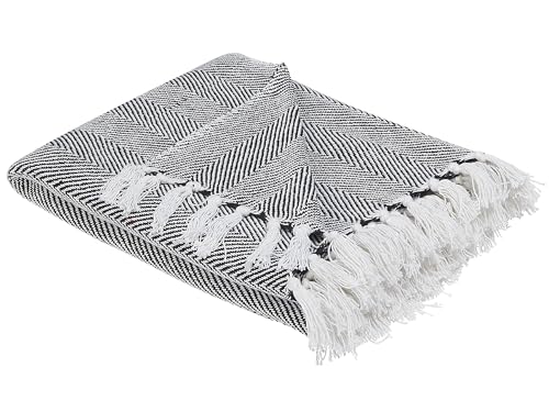 Beliani Plaid Tissé à la Main en Coton Blanc et Noir 130 x 160 cm Couverture Douce et Confortable avec Frange de Style Boho