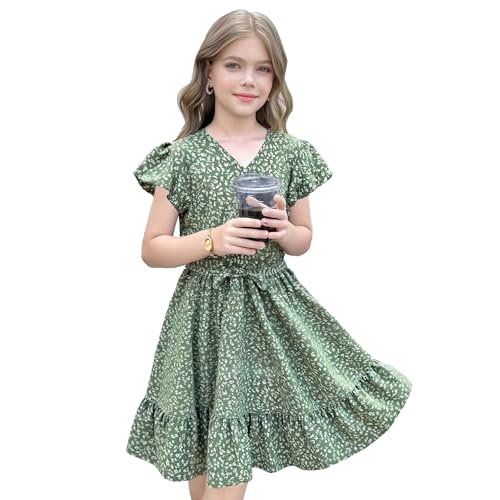 GOKISTOTR Green Dress for Girls 10-12 - A Charming Short-Sleeved Polka-Dot One-Piece Skirt with an Adjustable Belt Perfect for Kids Sizes 5T/6T/8T/9T/10T/11T/12T/13T/14T