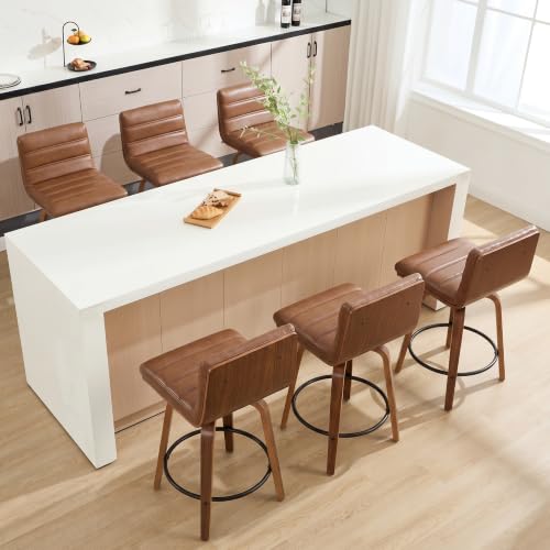 Image of Swivel Bar Stools Set of 6,26 inch Faux Leather Counter Height Barstools with Back,Mid Century Modern Upholstered Bar Chairs with Bentwood Legs Island Stools for Kitchen Counter Brown