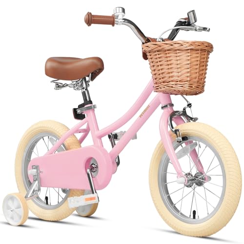 Petimini 14 Inch Little Kids Bike for Age 3 4 5 Years Old Girls Retro Vintage Style Bicycles with Basket Training Wheels and Bell, Pink