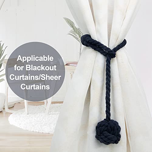 Anjee 2 Pack Curtain Tiebacks, Hand Knitting Cotton Tie Backs For Window Drapes Knot Ball Rope Holdbacks,Heavy Duty Draperies Pull Backs Ties Holders Indoor Outdoor Drapery Decorative,1 Pair Navy Blue #TOP4