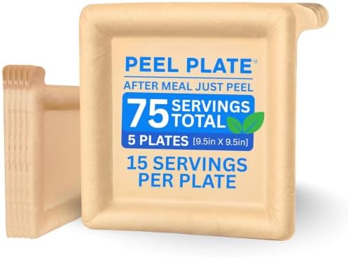 Peel Plate [5-Pack] 75 Servings Total - Large 9.5in X 9.5in Multi-Use Reusable Paper Plates 90% Less Waste For Home or On-The-Go Mealtime & Snacktime