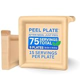 Peel Plate [5-Pack] 75 Servings Total - Large 9.5in X 9.5in Multi-Use Reusable Paper Plates 90% Less Waste For Home or On-The-Go Mealtime & Snacktime - Peelable Dinnerware [PEELWARE] One Month Supply