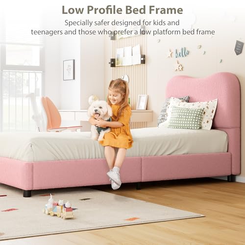 GarveeHome Twin Bed Frame for Kids with Velvet Upholstered Headboard, Cute Low Profile Platform Bed for Girls and Boys, No Box Spring Needed, Strong Wooden Slats, Noise Free, Easy Assembly, Pink