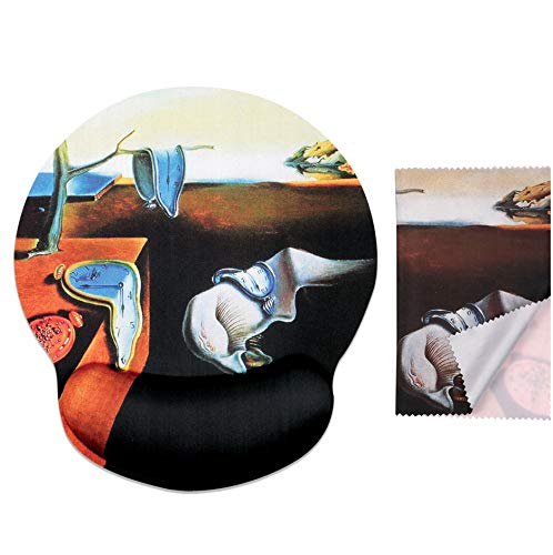 Salvador Dali The Persistence Of Memory Ergonomic Design Mouse Pad With Wrist Rest Hand Support. Round Large Mousing Area. Matching Microfiber Cleaning Cloth For Glasses & Screens. #TOP19