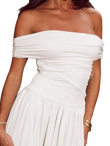 Women's Off The Shoulder Maxi Dress Bodycon Ruched Flowy Long Dresses Pleated Summer Dress4