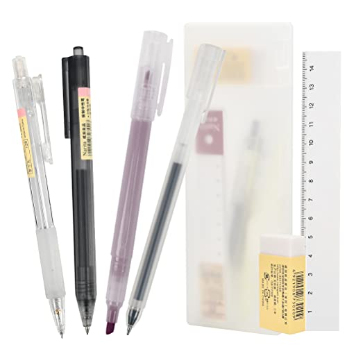 NA - Bolígrafo de tinta de gel con punta fina, lápiz mecánico, funda de lápiz de plástico con regla de goma de borrar papelería para oficina escolar