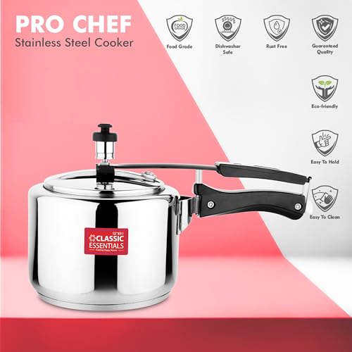 Image of Classic Essentials Prochef Stainless Steel Cooker | ISI Certified Inner Lid Pressure Cooker | Non Reactive, Non Toxic & Non Staining Food Grade Surface | Long Lasting Sealing Gasket (3 liter)