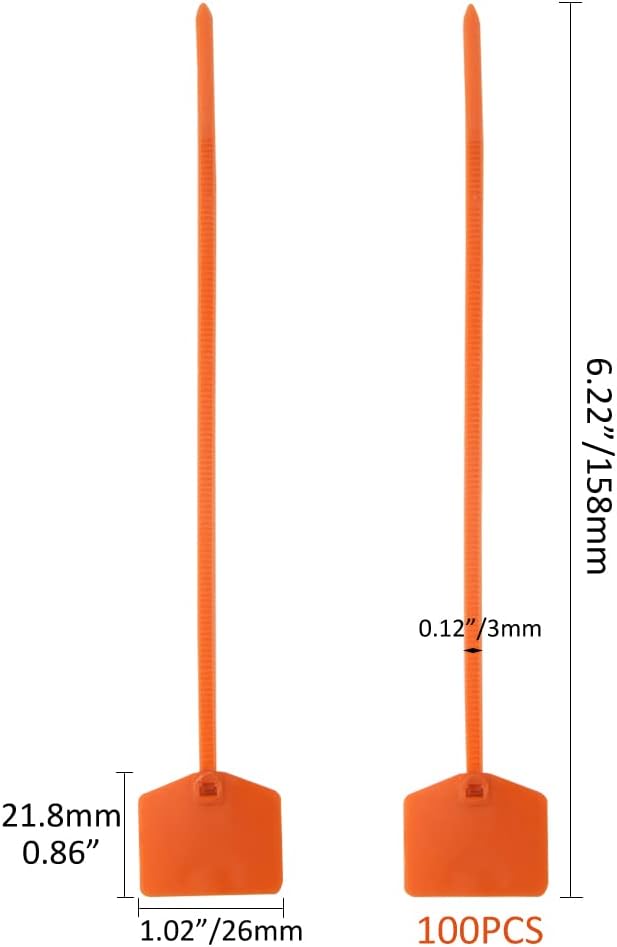 100-Piece 6-Inch Nylon Self-Locking Cable Ties with Labels (Orange)