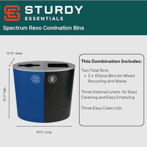 Sturdy Essentials Spectrum Powder Coated Steel Recylcing Bin and Waste Bin Combinations Used for Commercial Spaces, Businesses, Offices, Hotels, Apartments (Blue Mixed Recycling + Black Waste)