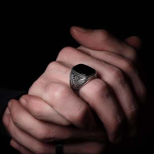 Sterling Silver Signet Ring with Black Onyx Stone - Men's Handmade Engraved Silver Ring - Gift for Men, Dad - Image 5