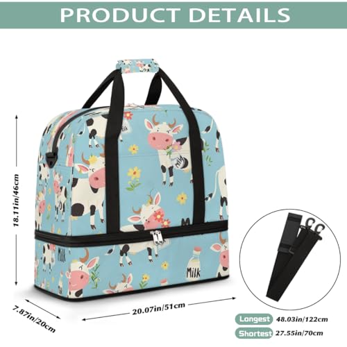 Foldable Carry On Bag for Travel, Expandable Duffle Bag with Shoe Compartment, Flower Cute Cow Lightweight Sports Gym Tote with Trolley Sleeve2