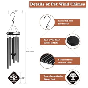 Pet Memorial Gifts for Dogs, 28″ Black Pet Memorial Wind Chime, Square Pendant Dog Memorial Gifts for Loss of Dog, Pet Loss Gifts Dog Bereavement Gifts Pet Sympathy Gifts…