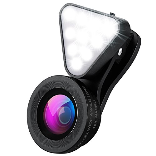 AMIR Cell Phone Lens with Beauty LED Flash Light, 15X Macro Lens, 0.4X 0.6X Wide Angle Lens, 3 Adjustable Brightness Fill Light, for Make Up Live Broadcast, Yotube, Video Recording, Vlog(Black)