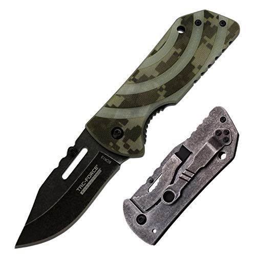 Tac Force Evolution - Camo Spring Assisted Folding Pocket Knife - Black Stonewashed Finish Bade with Camo G10 and Stainless Steel Handle and Pocket Clip - Tactical Military Combat Hunting TFE-A013-DG