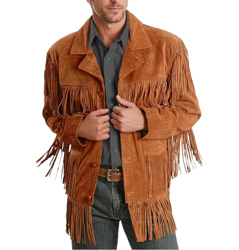 Vipzi Men’s Western Suede Fringe Jacket – Cowboy Style Leather Coat – Genuine Leather – Button Closure Black Cognac & Brown (US, Alpha, 3X-Large, Regular, Regular, Cognac Suede)