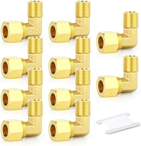 GASHER 10PCS Brass 90 Degree Elbow Compression Tube Pipe Fitting Connector, 1/4" Tube OD x 1/4" NPT Male Connector