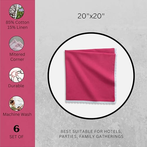 Image of FINGERCRAFT Cloth Napkins Set of 6, 20x20 Inch Cotton Linen Blend Dinner Napkins Lace Trim, Reusable Washable Table Napkins for Wedding, Farmhouse Dining, Parties & Home Decor (Fuchsia)