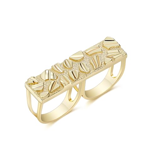 14k Gold Plated Rough Textured Cookie Nugget Two Finger Rings Classic Simple Double Finger Ring Men/Women Unisex