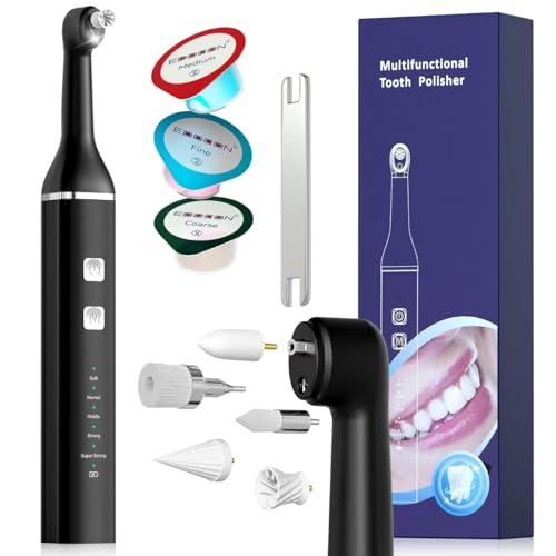 Tooth Polisher, Electric Teeth Polishing Kit for Family,Whitening Polisher with 5 Polish Heads & 5 Working Modes, Teeth Cleaning Plaque Removal Pen Rechargeable, Waterproof Tooth Stain Remover