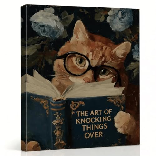 RTVJTERQ Cat Canvas Wall Art, Funny Ginger Cat Reading The Art of Knocking Things Over Book Painting, Whimsical Pet Wall Decor for Bedroom Office 8x10 Inch