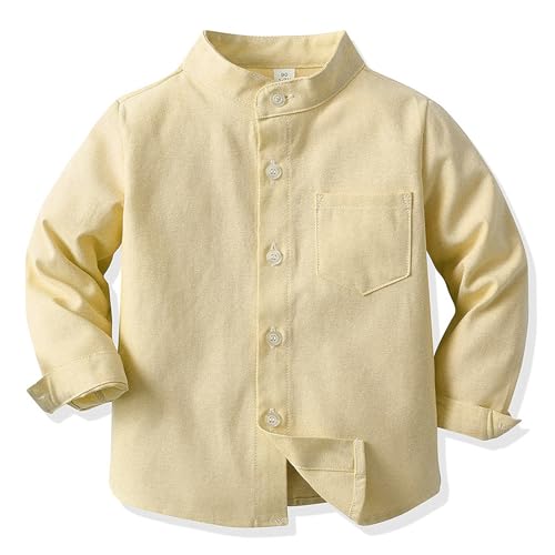 Amur Leopard Jungen Hemd Frühling Einfarbig Hemden Kinder Stehkragen Baumwoll-Cardigan mit Einfachreihige Schnalle, Hellgelb Langarm, 110/3-4 Jahre