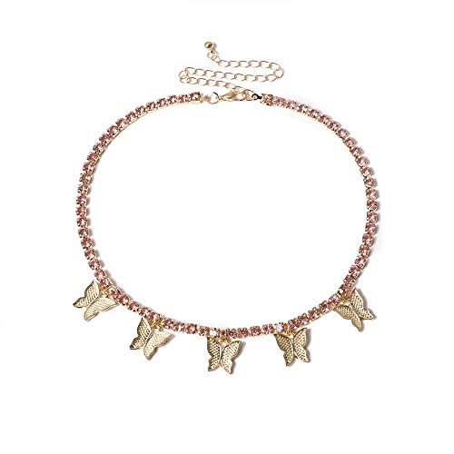 14K Gold Butterfly Necklace Bling Iced CZ Tennis Chain Pendant Choker Necklace for Women Girls (Pink CZ)