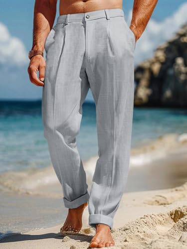Image of Runcati Mens Casual Pants Elastic Waist Lightweight Loose Pleated Slacks | Summer Beach, Yoga Trousers, Button Closure, Straight Leg, With Pockets, Solid Color