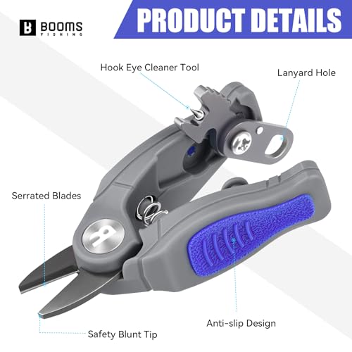 Image of Booms Fishing Line Cutter with Retractor: Mini Fishing Scissors for Braided Momo Fluoro Line - Braid Scissors Saltwater with Hook Eye Cleaner - Serrated Shears with Locking Feature, FR1