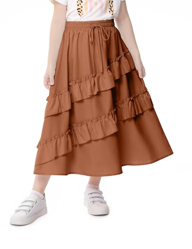 Image of Girls High Waisted Ruffle Maxi Skirt Soft Cotton Long Skirts with Elastic Waistband for Kid Girl 3-12 Years