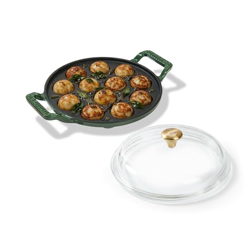 Image of CUMIN CO. Cast Iron Paniyaram Pan with Lid | Induction Base Cookware| 12 Cavities | 10 Years Warranty | Non Toxic Non Stick Pan for Appe /Paddu | Chemical Free Coating | Appe Maker | Green
