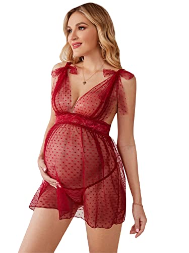 SOLY HUX - SOLY HUX Women's Maternity Polka Dots Deep V Neck Mesh Babydoll Nightgown with Thong 2 Piece Lingerie Set Pure Burgundy L
