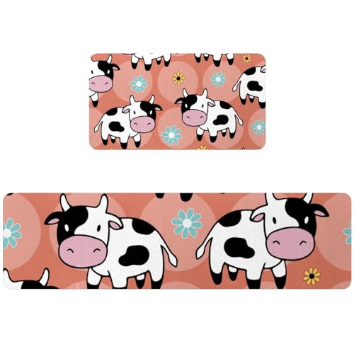 Tapete de cocina de 2 piezas lavable y absorbente con diseño de vacas 2