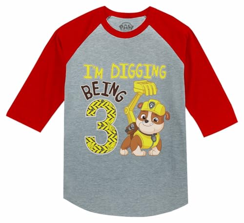 Image of Tstars Paw Patrol Rubble 3rd Birthday Baseball Tee Toddler Boy 3 /4 | Soft raglan Rubble digging tee for turning three; great for 3rd birthday, construction party, photo gift