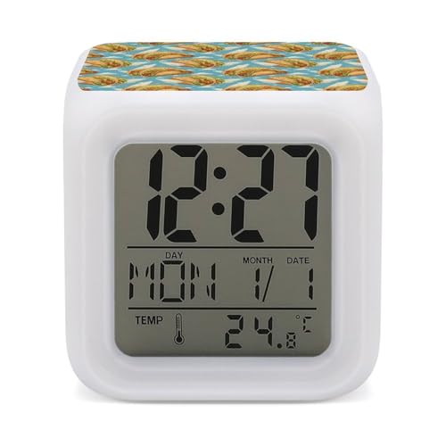 TZTTZT Tacos White Wings Print Digital Alarm Clocks for Bedrooms, Led Small Digital Clock Battery Operated, Cute Alarm Clock for Bedside College Dorm with 7 Night Light