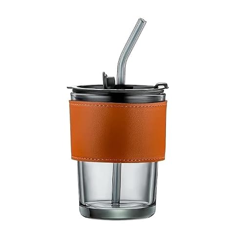 SKDBPM 400ml Glass Sipper Mug with Leather Grip Sleeve โ Leak-Proof Lid & Straw | Reusable Tumbler for Hot & Cold Beverages, Water, Juice, Coffee | Home, Bar, Office Use (Black, Pack of 1)