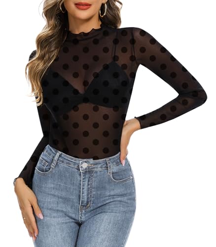 Lace Long Sleeve Tops for Women See Through Sheer Mesh Sexy Tops Polka Dot Mock Neck Shirts Party Club Night Blouses