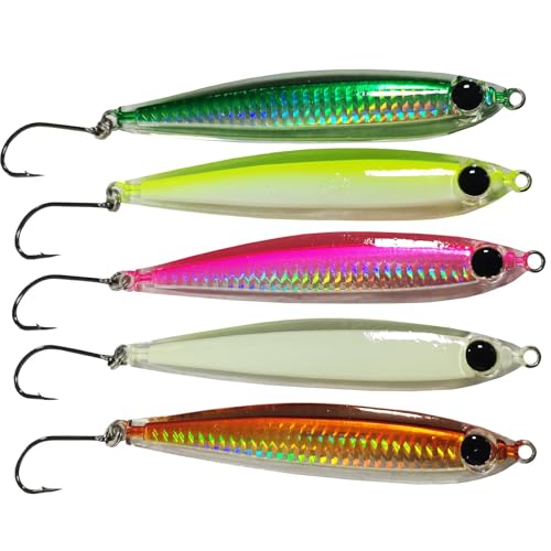 Kmucutie 5 Pieces Epoxy Resin Fishing Jig Lure Great for Inshore and Offshore Game Fish,Artificial Lures for Grouper,Dogtooth,Bass Salmon (Mixed Color A, 0.7 OZ /2.6 INCH)