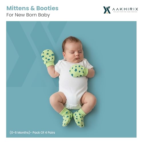 Image of Mittens & Booties for Newborn Baby (0-6 Months) Pack of 4 Pairs | Soft Cotton Gloves with Gentle Elastic Wristband | Anti Scratch Mittens & Booties Set | Multicolor
